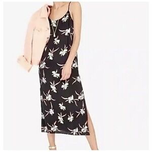 J Crew Black With Orchid Floral Print Strap MIDI Slip Dress Size XS‎  Women's